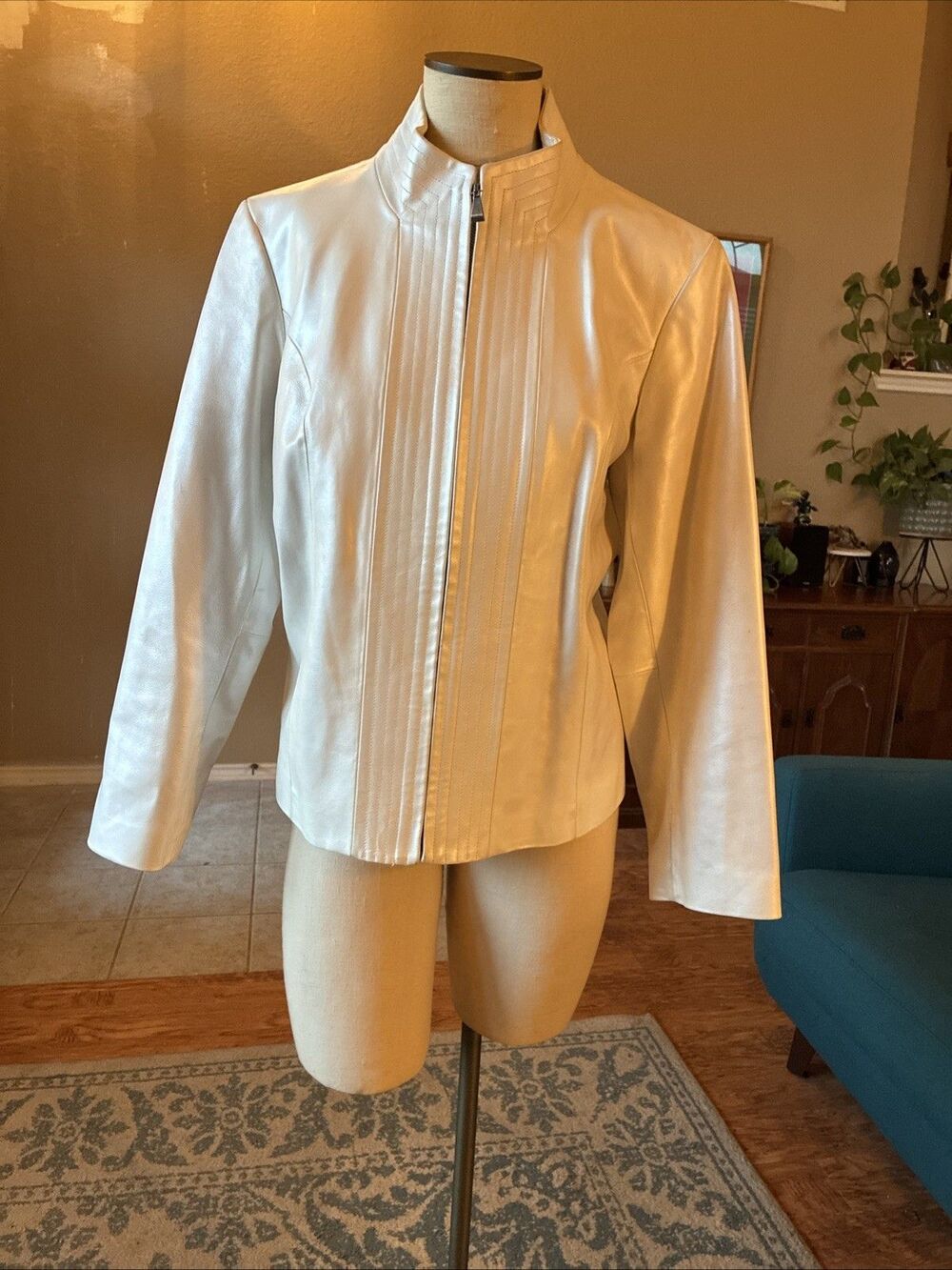 Preston & York Collarless Soft Leather Jacket Zip Lined Size Large Moto Biker